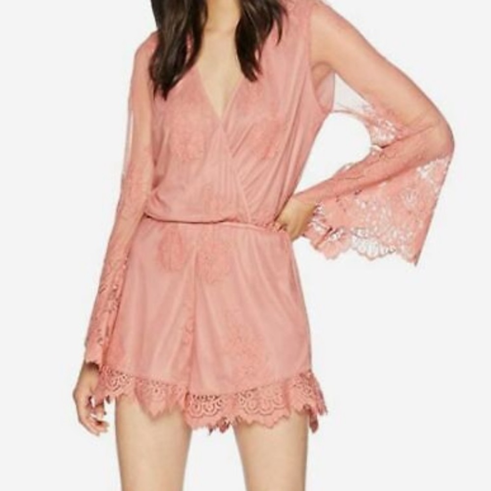 Show Me Your MuMu Pink Loretta Lace Long Bell Sleeve Romper - Size XS